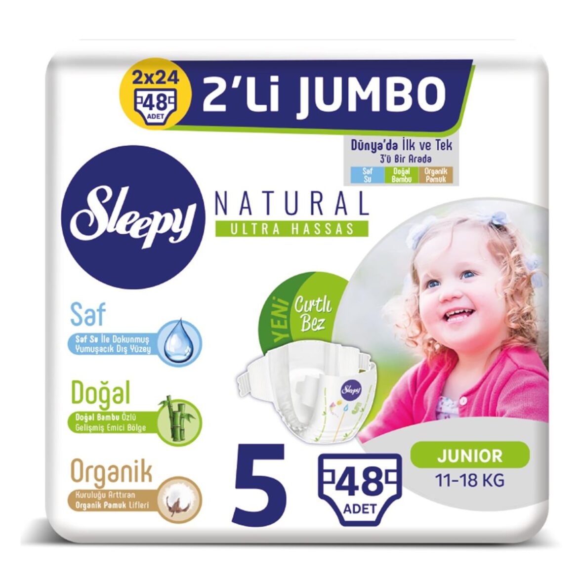 Sleepy Natural Bebek Bezi 2Li Jumbo 5 Beden 11-18 Kg 48 Adet