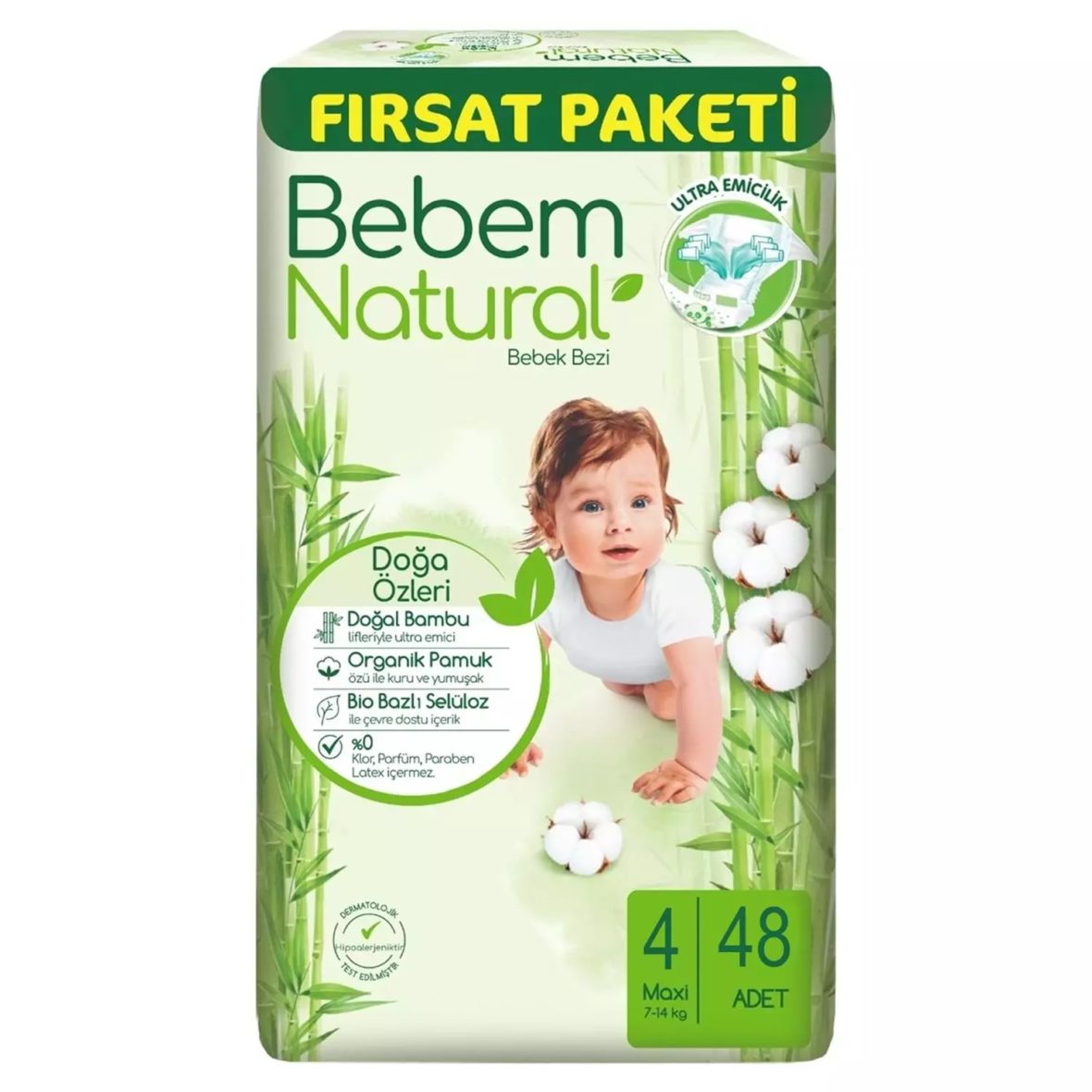 Bebem Natural Bebek Bezi Fırsat Paketi 4 Beden 7-14 Kg 48 Adet