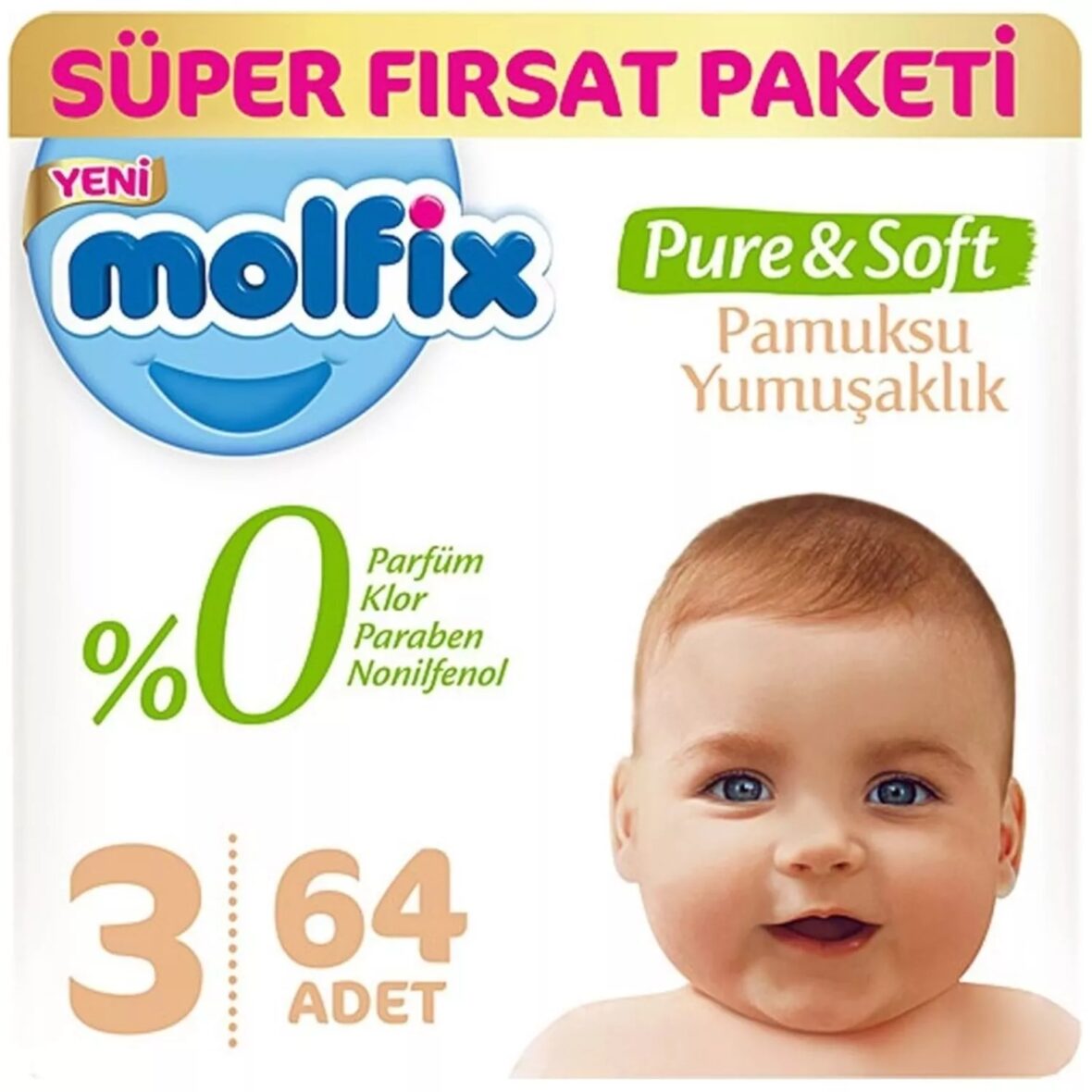 Molfix Pure&Soft Bebek Bezi Süper Fırsat Paketi 3 Beden 4-9 Kg 64 Adet